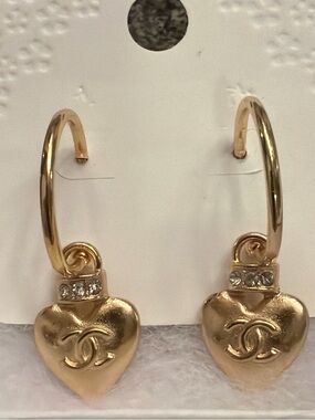 Gold Heart Hoop Earrings with Logo Charm